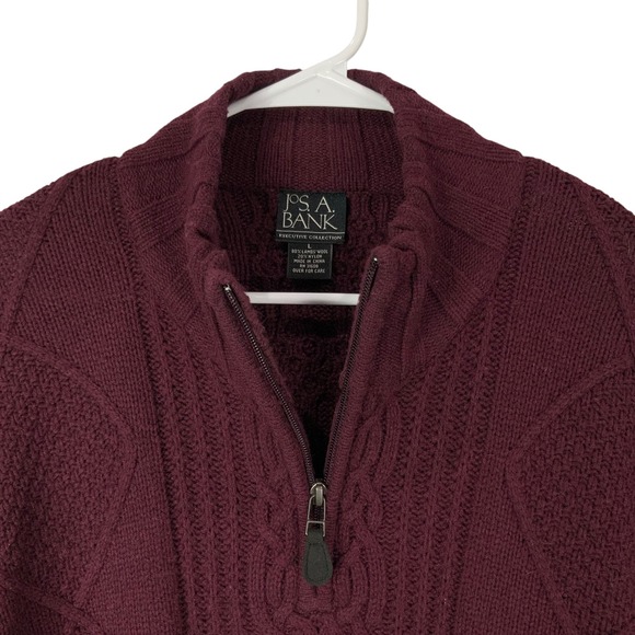 Jos. A. Bank Mens Burgundy Lambswool Blend Cable Knit Quarter Zip Sweater Large - Picture 3 of 5